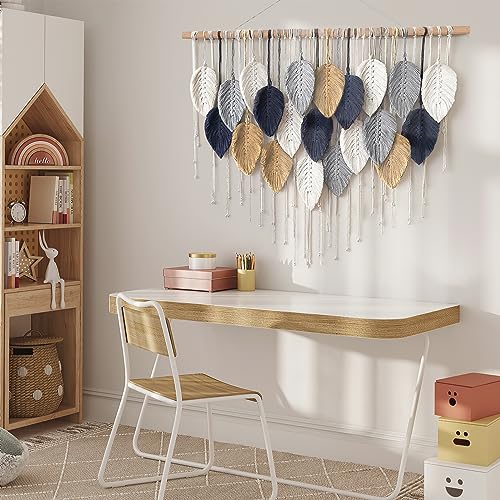 Alynsehom Large Macrame Wall Hanging, Boho Handmade Leaf Feather Bohemian Woven Tapestry, Chic Wall Art Home Decor for Bedroom Living Room Nursery Apartment Decorations(39" W x 29.5" L) - color: Dark Blue-39"W x 29.5"L