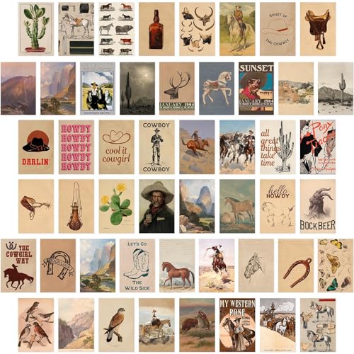 KBKBART 50 Pcs Vintage Western Cowboy Pictures Wall Decor, Farmhouse Western Wall Art Prints, Southwestern Boho Old Wild Collage Kit 4"x6", Vintage Cowgirl Aesthetic Poster for Bedroom, Teen Girl Dorm Decor - color: Western