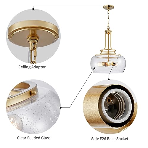 WUZUPS Chandelier Rustic Farmhouse Industrial Round Ceiling Pendant LED Light Fixture Clear Seeded Glass Shade for Dining Room Kitchen Island Foyer Entryway, H 20.9" x W 15.9", Gold - color: Pendant Light, Gold, 3-Light, size: H 20.9" * W 15.9"