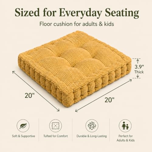 ChezMax Floor Pillow & Cushion, Large Meditation Chair Cushions, Thick Square Seat Pad, Soft Velvet Tufted Seating Pouf for Indoor/Outdoor Yoga Bench Rocking Chair Room Tatami Sofa, Yellow 20" x 20" - color: Dark Yellow L