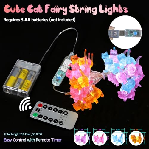 Cat Décor Cute Indoor String Light Fairy Lights Plug in Decorative Lights 10ft 30LED Battery Operated or USB for Bedroom Kids Tent Camping Christmas Tree Ornaments - style: USB Powered