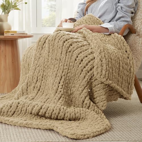 Amélie Home Chunky Knit Throw Blanket for Couch, Soft Chenille Handmade Crochet Throw Rope Knit Blanket for Bed, 40"x50", Beige - color: Beige, size: 40"x50"