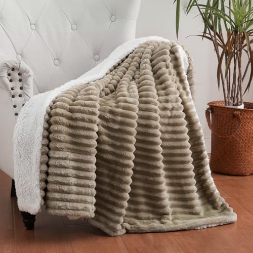Tan Sherpa Fleece Throw Blanket 60”×80” for Couch Sofa Bed,Super Soft Cozy Plush Double Side Thick Flannel Blanket with Striped Design Lightweight for Adults,Woman,Girls - color: Tan, size: 60×80inch