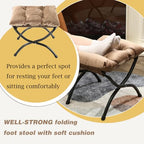 15" Foldable Foot Stool Ottoman with Metal Frame - Washable Khaki Upholstered Indoor/Outdoor Footrest for Living Room, Bedroom, Patio - Space-Saving Compact Design - color: Khaki