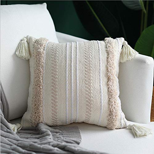 LEVINIS Hand Woven Tribal Tufted Pillow Case with Tassels 20 x 20 Inch, Boho Decorative Throw Pillow Covers for Farmhouse,Party,Car,Office, Cream White - color: Cream White, size: 20" x 20" (Pack of 1)