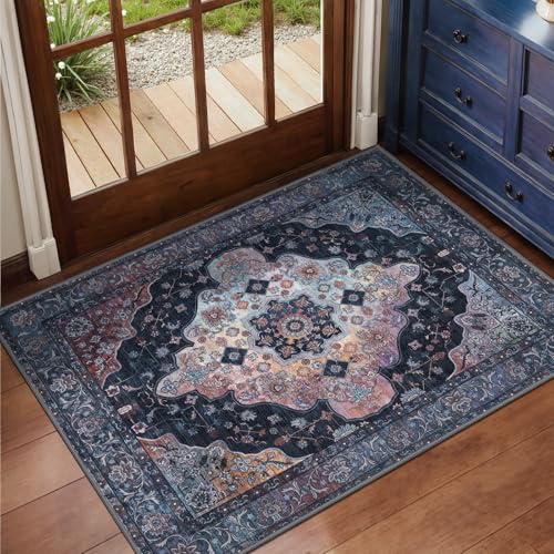 2x3 Entryway Rug, Vintage Rug with Non Slip Backing, Washable Rugs Low Pile Indoor Small Area Rug for Front Door Entrance Kitchen Bedroom Bathroom, Blue/Multi Retro Doormat Carpet - color: Navy/Multi, size: 2' X 3' (Rectangular)