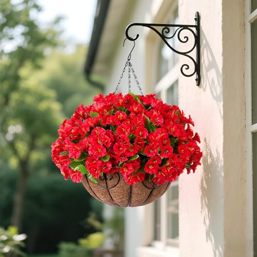 Ammyoo Artificial Hanging Flower Plants with Basket for Outdoor Decoration, Faux Petunias Flowers Fake Morning Glory Plants for Hanging Outside Patio Garden Porch Balcony Yard Spring Decor(Red) - color: Red