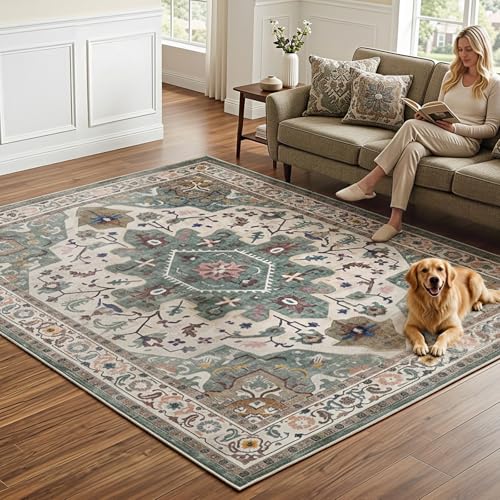 HOOBRO 5 x 7 Area Rugs Washable, Living Room Rugs, Non-Slip Rug Stain Resistant Carpets, Indoor Low Pile Soft Rug Pet Friendly Mat, for Bedroom Dining Room Hallway Home Office, Vintage Green GN03AR01 - color: Vintage Green, size: 5' x 7' (Rectangular)