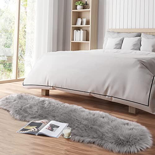Faux Fur Rug for Bedroom, Gray Fluffy Rug Soft Sheepskin Runner Rug Sofa Couch Seat Cushion, 2x6ft Grey Plush Area Shag Rugs Floor Carpets for Nursery Bedside, Cute Shaggy Fuzzy Home Decor - color: Grey, size: 6' x 2' (Sheepskin)