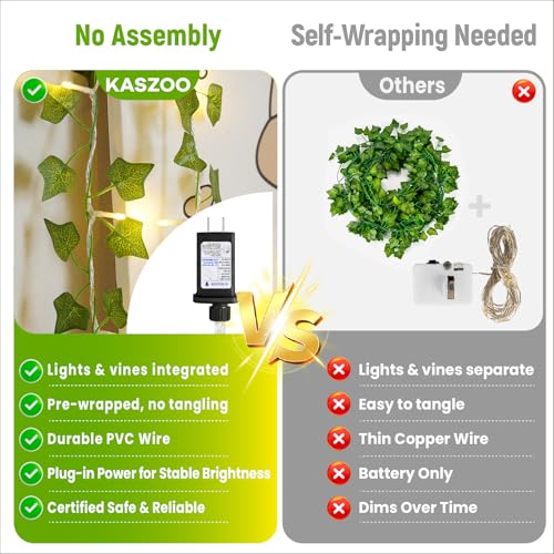 KASZOO 33FT 100 LED Ivy Vine Lights - PVC Plug in Leaf String Lights with Remote & Timer, Pre-Wrapped Garland for Bedroom Wall Garden Decor - color: IVY-Plug in-100 LED-Clear Wire