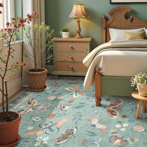 Beeiva Insect Print Washable Rugs 8x10 for Living Room - Sage Green Stain Resistant Soft Area Rug 8x10, Non Slip Bedroom Rug Under Bed Large Carpet Cottagecore Boho Decor(8'x10',Green) - color: Light Green, size: 8' x 10' (Rectangular)
