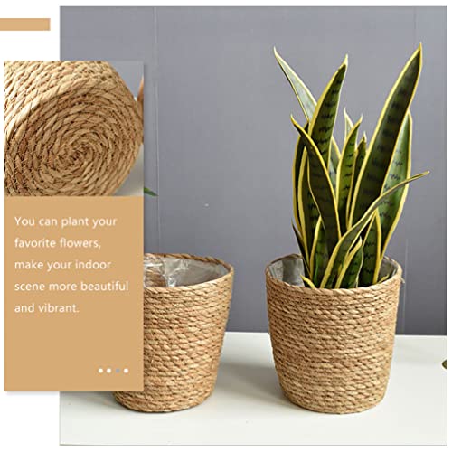Beavorty Woven Flower Basket Hand Woven Straw Planter with Plastic Liner 8.66 Inch Indoor Decorative Plant Pot for Home Office Garden - size: 22X15CM