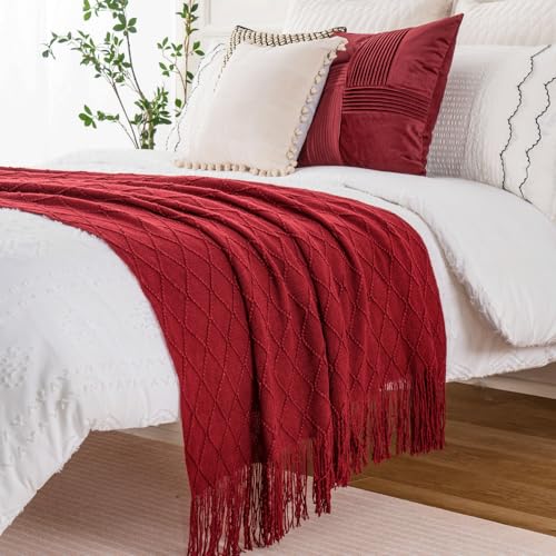 BATTILO HOME Red Throw Blanket Large Fringe Fall Throw Knitted Bed Throws for Couch Sofa Indoor Outdoor, Red, 52 x 80 in. - color: Red, size: 52 x 80 in.