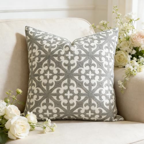 Slow Cow Embroidery Decorative Throw Pillow Cover Grey Kaleidoscope Design Pattern Cushion Cover 18 x 18 Inches - color: Grey Farmhouse Flower, size: 18" x 18" (Pack of 1)