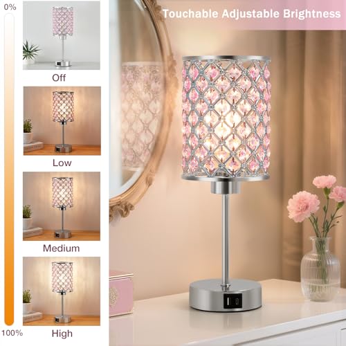 GyroVu Pink Crystal Table Lamp, Touch Control Bedside Lamps with USB-C+A Charging Ports, Dimmable Nightstand Small Desk Lamp Set of 2 for Girl Bedroom, Living Room, Office(Buld Included) - color: Pink-2, size: 14.75"