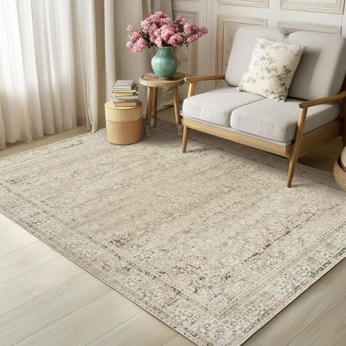 BILEEHOME Modern Farmhouse Area Rug 5 x7 Washable Floral Earth Tone Neutral Boho Nursery Rug 5x7 for Baby Boy Bedroom,Tan Brown and Cream Beige - color: Cream&light Tan, size: 5' x 7' (Rectangular)