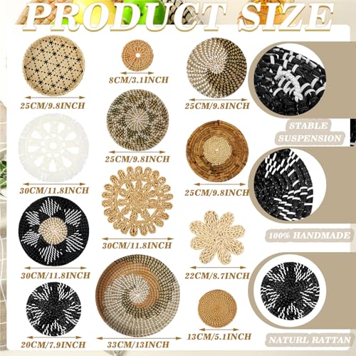 Xuhal 15 Pcs Boho Wall Basket Decor Handcrafted Seagrass Woven Wall Basket Rustic Round Woven Hanging Art for Home Farmhouse Kitchen Table Living Room(Stylish Style) - style: Stylish Style