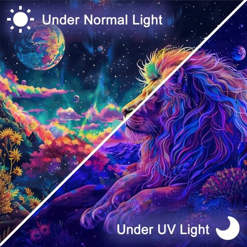 CRAFTYMELODY Lion Blacklight Tapestry Glow in the Dark Tapestry UV Reactive Moon Colorful Wall Hanging 59×51 Inch with Hook Self Adhesive Sticker Clip for Bedroom Home Wall Decoration - color: Lion
