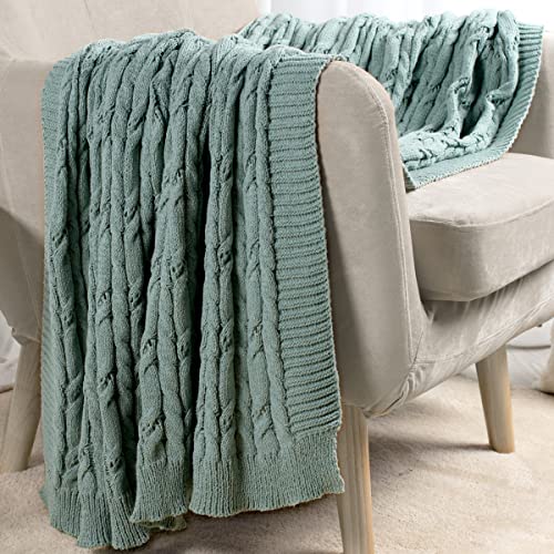 Carriediosa Cable Knit Throw Blanket Soft Textured Lightweight Farmhouse Decorative Throws Summer Knitted Woven Chenille Blankets for Couch Chair Bed Sofa, 60" X 80" Twin Size Sage Green - color: Cable Knit - Sage Green, size: 60" X 80"