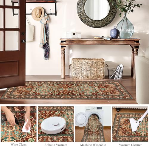 U'Artlines 2' x 6' Boho Hallway Runner Rug, Non Slip Washable Vintage Farmhouse Accent Area Rug Carpet for Kitchen Entryway Laundry and Living Room (Rust＆Teal) - color: Rust＆teal, size: 2' x 6' (Runner)