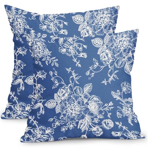 Kawani Vintage Floral Pillow Covers 18x18 Inch Set of 2 Blue Floral Outdoor Decorative Throw Pillows Chinoiserie Flower Pillowcases Rustic Farmhouse Cushion Covers for Couch Home Decor - color: Blue Floral, size: 18" x 18" (Pack of 2)