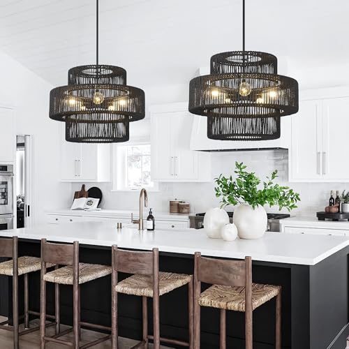 22" Black Boho Rattan Chandelier Light Fixture Hand Woven Farmhouse Pendant Lighting Rustic Boho Chandeliers for Dining Room Living Room Hallway Foyer 5 Lights - color: Black, size: 22 Inch