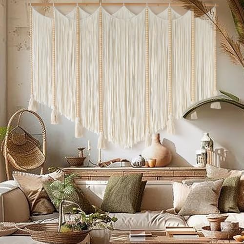 Jakalin Macrame Wall Hanging White Beads Boho Wall Decor for Living Room Bedroom or Nursery Texture Yarn Wall Art 57" W × 43" L - color: White