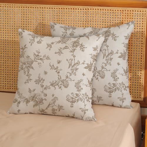 Brown Throw Pillow Covers 18x18 Inch 2 Pcs Chinoiserie Beige Floral Bird Decor Pillow Covers Vintage Toile Flower Seasonal Outdoor Decorative Pillowcase Linen Cushion Cover for Couch Sofa - color: Brown, size: 18" x 18" (Pack of 2)
