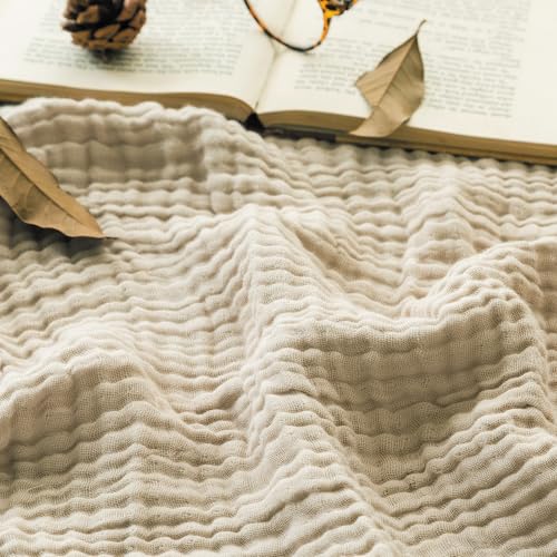 EMME Cotton Throw Blanket for Couch Soft Muslin Blankets 50"x60" Lightweight Breathable Blanket Beige All Season Gauze Blanket - color: 02 - Beige, size: Throw (50" x 60")