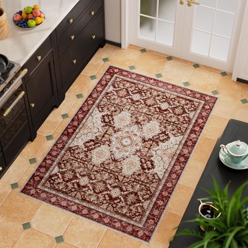 AMTOVO 2x3 Washable Entryway Area Rug Door Mat, Vintage Boho Distressed Print Pattern Non-Slip Carpet, Small Throw Rug for Indoor Entrance Kitchen Bedroom Bathroom Laundry Floor, Vintage Red - color: Vintage Red, size: 2' x 3' (Rectangular)