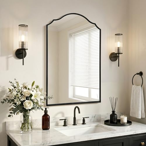 Besdomus Scalloped Black Mirror for Bathroom: 24"x36" Minimalist Modern Arched Mirror - Wooden Frame Wall for Vanity/Bedroom/Mantle/Entryway/Fireplace/Hallway - Idea for Housewife - color: Black, size: 36"L x 24"W