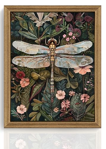 ICHZUMW William Morris Vintage Dragonfly Canvas Wall Art Framed, Green Botanical Wall Decor Pictures for Bedroom Living Room, Colorful Nature Painting Artwork Prints, Rustic Home Decorations, 8x10in - color: Dragonfly, size: 10"L x 8"W