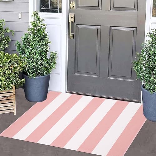 Front Outdoor Door Mat 2'x3',Pink Striped Outdoor Rug Machine Washable Cotton Layered Door Mat Entryway Throw Rug for Indoor Entrance - color: Pink, size: 2' x 3' (Rectangular)