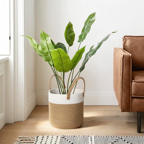 Woven Basket for Plant, 11"x11" Planter Basket for 10" Pot, Indoor Boho Artificial Tree Planter, Round 10 inch Flower Pot Cover, Rattan Holder with Handle for Plants, Jute Spliced Cotton Rope - color: White and Beige