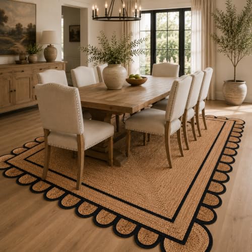 Braided Scalloped Jute Rug Natural with Black Trim, Handmade Farmhouse Boho Area Rug for Entryway, Kitchen, Hallway, Living Room, Bedroom, Rustic Woven Floor Rug - (Black- 10X14 ft) - size: 10' x 14' (Rectangular)
