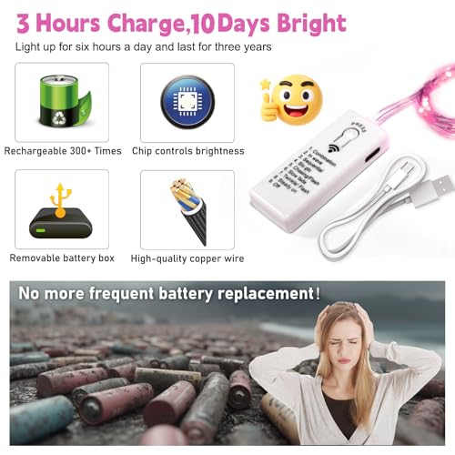 ZSJWL 6 Pack Rechargeable Fairy Lights with Remote & DIY Timer, 7Ft 20LED Mini Battery String Light, Twinkle Silver Copper Wire Lights for Wedding Party Bedroom Christmas Table Decoration (Pink) - color: Pink, size: 6 Pack – Rechargeable