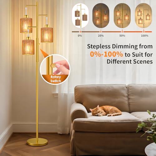 Hotsonic 72" Tall Boho Rattan Style Floor Lamp with Hand-Woven Paper Cord Shade, Dimmable Industrial Tree Standing Lamp for Living Room, Bedroom, Study Room, Office (3 x 800LM Bulbs Included) - Gold - color: Gold+Light Brown