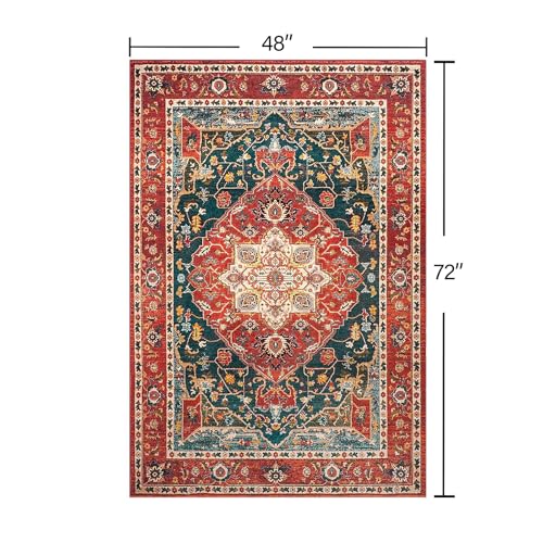 YJ.GWL Area Rugs for Living Room 4x6 Machine Washable Rugs for Bedroom, Non Slip Floral Vintage Rug Indoor Carpet, Stain Resistant Throw Rug for Dining Room Kitchen, Orange-Red - color: Orange-red, size: 4' x 6' (Rectangular)
