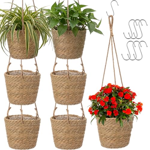 6 Pcs Seagrass Hanging Planter Basket Hand Woven Plant Basket with Plastic Liners Hanging Plant Holder Storage Containers with Cotton Rope for Indoor Outdoor Garden Home Decor (Brown) - color: Brown, size: Small