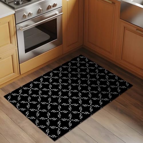 White Diamond Lattice 2x3 Small Rug for Entryway Kitchen Front Door, Black Retro Plaid Texture Washable Throw Rug Absorbent Non-Slip Indoor Floor Mat for Kitchen Entrance Dog Home Office Decor - color: Black, size: 2' x 3' (Rectangular)