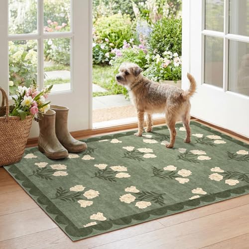 Floral Outdoor Rug - 28" x 43" Front Door Mat Indoor Outside Entrance Non-Slip Washable Outdoor Mat Sage Green Spring Scalloped Rug for Entryway Kitchen Bedroom Layered Doormat for Front Porch - color: Flower - Green, size: 2'4" x 3'7" (Rectangular)