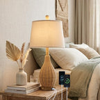 Hamilyeah 23" Farmhouse Table Lamp with Bulb Included and USB Charging Ports, Boho Bedside Lamp with Fabric Shade, Woven Rattan Nightstand Lamp for Bedroom, Living Room, Office - color: Wood