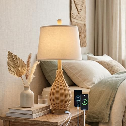 Hamilyeah 23" Farmhouse Table Lamp with Bulb Included and USB Charging Ports, Boho Bedside Lamp with Fabric Shade, Woven Rattan Nightstand Lamp for Bedroom, Living Room, Office - color: Wood