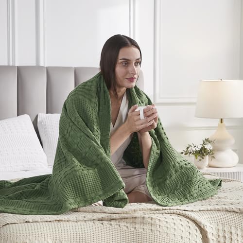 VHC Brands 100% Cotton Waffle Weave Olive Green Throw 50x60, Decorative Cotton Throw Blanket, Boho Farmhouse Bedroom, Living Room Decor for Bed, Couch, or Sofa - color: Olive Green, size: Throw (50"x60")
