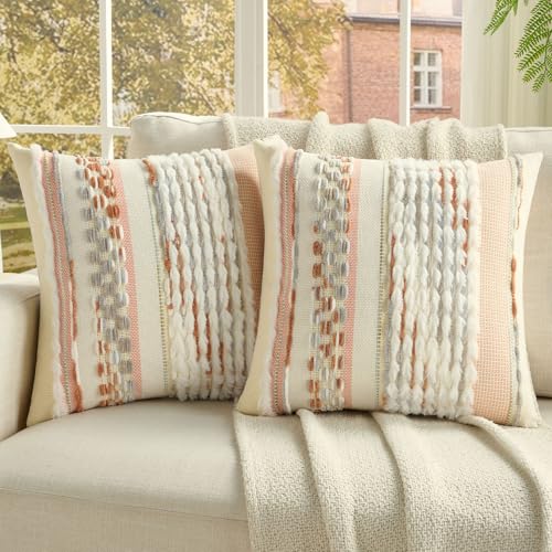 FUTEI Pack of 2 Boho Chenille Decorative Throw Pillow Covers 20x20 Inch Soft Plush Tufted Striped Textured Cushion Case,Farmhouse Accent for Couch Bed Living Room, Grey Blue Coral - color: Grey Blue+coral, size: 20" x 20" (Pack of 2)