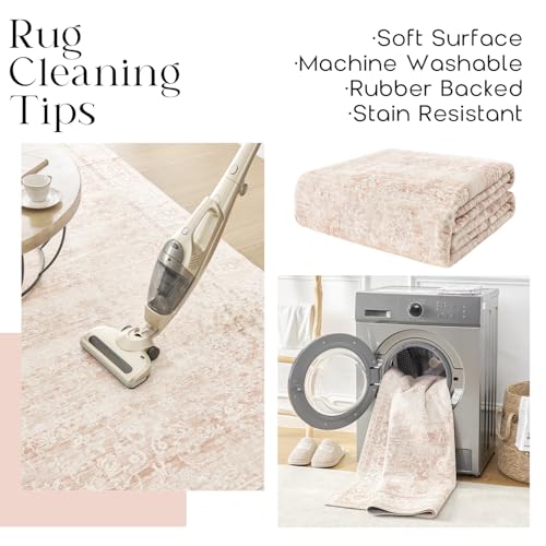Pink Small Throw Rug for Bedreoom 2x3 Washable Boho Vintage Distressed Aesthetic Style Light Pink Floral Non Slip Cute Area Rugs for Side of Bed Teen Girls Room Kitchen Bathroom Entryway 2 x 3 - color: Pink, size: 2' x 3' (Rectangular)