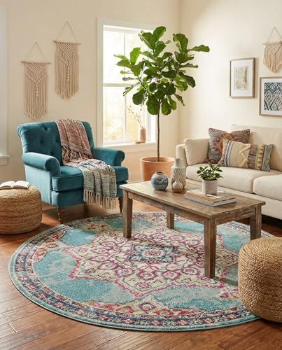 Rugs.com Fleur Collection Rug – 6' Round Light Blue Medium-Pile Rug Perfect for Kitchens, Dining Rooms - color: Light Blue 11, size: 6' (Round)