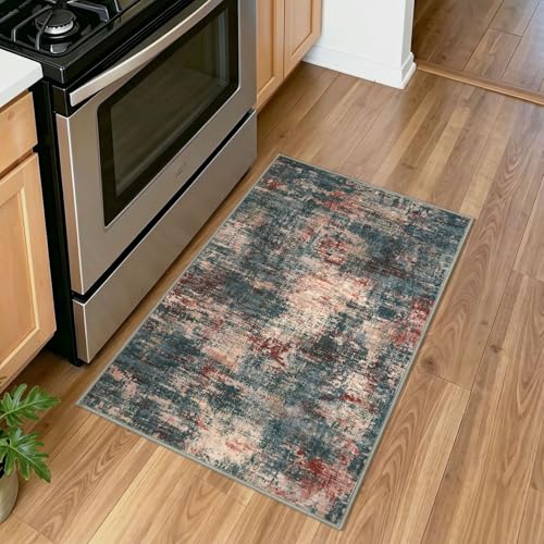Lansny Abstract Small Area Rug 2x3 Entryway Rugs Washable Indoor Door Mat Entrance, Non Slip Kitchen Rugs, Throw Rug Printed Faux Wool Floor Carpet for Front Door Foyer Entry Sink, Red/Multi - color: Red/Multi, size: 2' x 3' (Rectangular)
