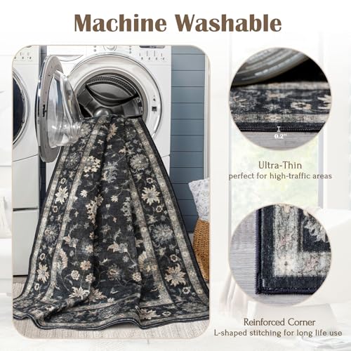 LUXRUG 2x3 Washable Entry Rug - Small Entryway Area Rug Non-Slip Door Mat Indoor Entrance Charcoal Black Vintage Floral Kitchen Rug Low Pile Boho Throw Rugs for Entryway Bedroom Bathroom - color: Charcoal Black, size: 2' x 3' (Rectangular)