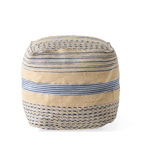 Foamma Pouf Ottoman Natural Blue, 16"x16"x16" - Square Ottoman Foot Rest for Living Room and Bedroom, Pouf Footstool with Handcrafted Wool Cover, Foot Rest for Couch, Boho Furniture for Home - color: Natural